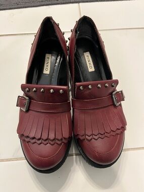 Pinko Burgundy Fringe Kiltie Loafers with Silver Studs